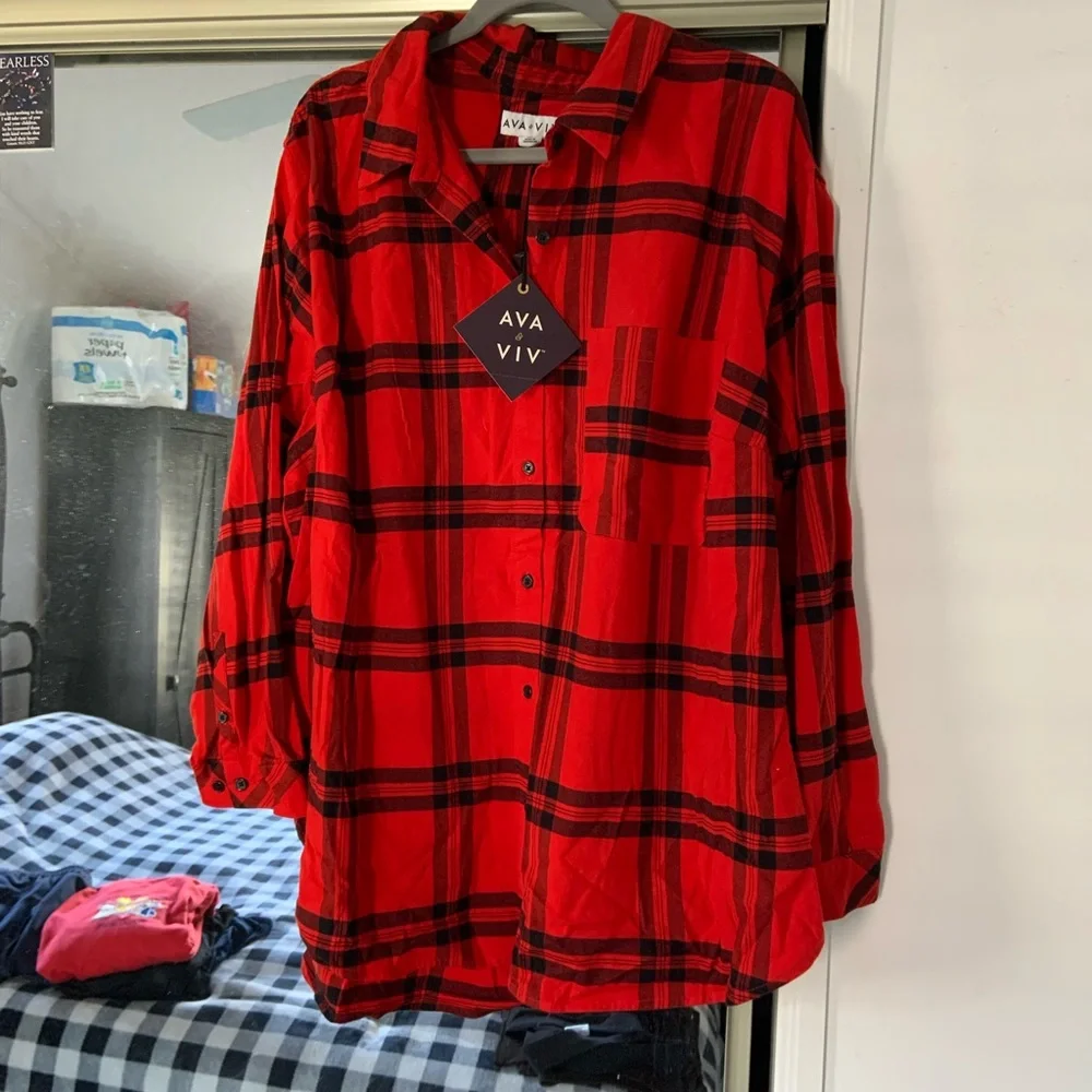 Ava & Viv Vibrant Red Checkered Shirt - Picture 2 of 4